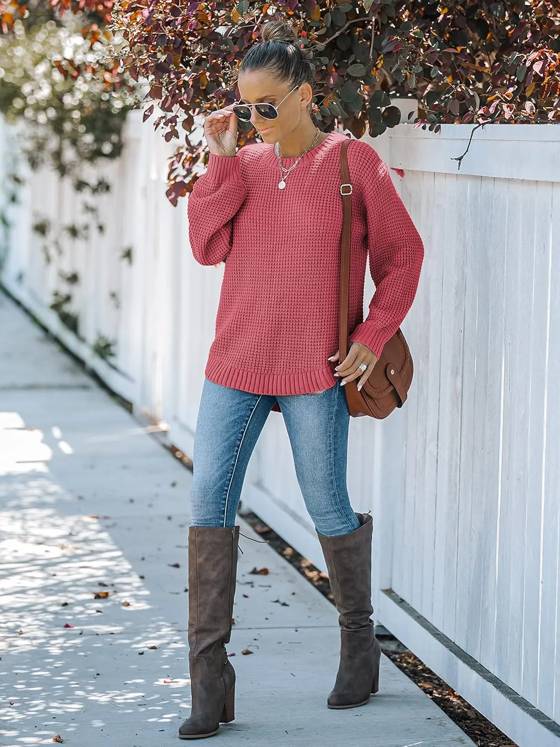 MEROKEETY Women's 2024 Fall Casual Fall Waffle Knit Sweater Long Balloon Sleeve Loose Pullover Jumper