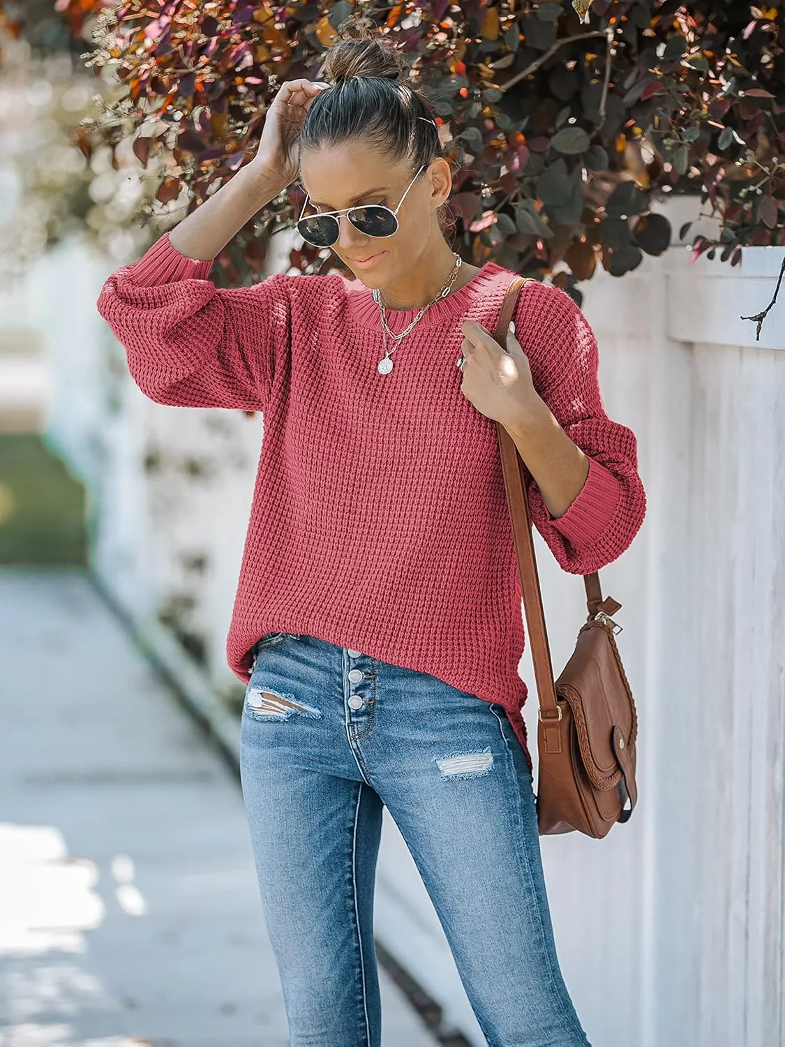 MEROKEETY Women's 2024 Fall Casual Fall Waffle Knit Sweater Long Balloon Sleeve Loose Pullover Jumper