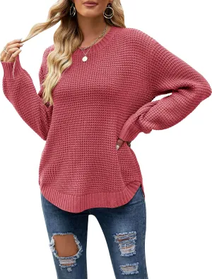 MEROKEETY Women's 2024 Fall Casual Fall Waffle Knit Sweater Long Balloon Sleeve Loose Pullover Jumper
