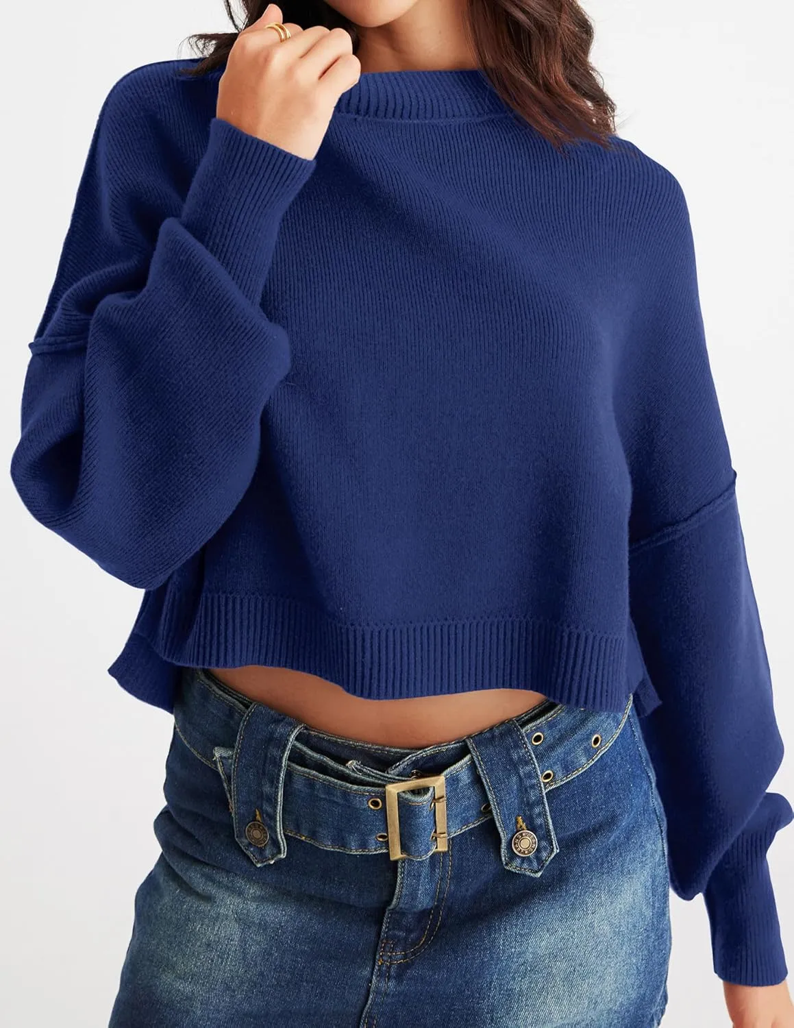 MEROKEETY Women's 2025 Crewneck Cropped Sweater Fall Batwing Sleeve Oversized Side Slit Ribbed Knit Pullover Jumper Tops