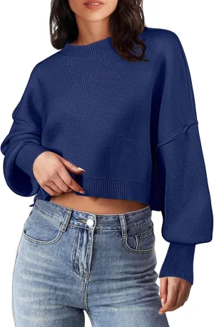 MEROKEETY Women's 2025 Crewneck Cropped Sweater Fall Batwing Sleeve Oversized Side Slit Ribbed Knit Pullover Jumper Tops