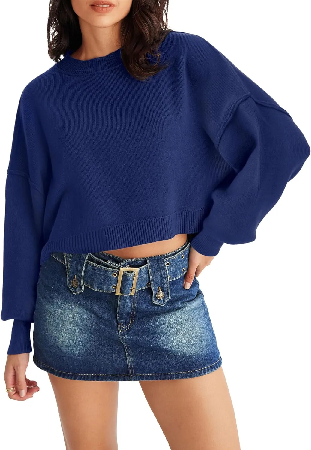 MEROKEETY Women's 2025 Crewneck Cropped Sweater Fall Batwing Sleeve Oversized Side Slit Ribbed Knit Pullover Jumper Tops