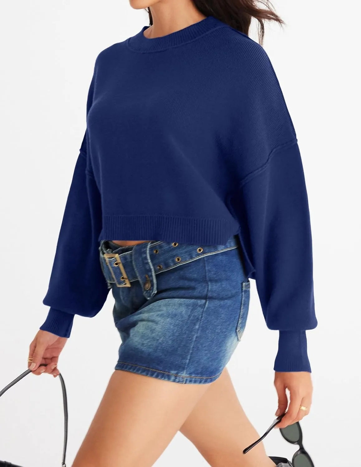MEROKEETY Women's 2025 Crewneck Cropped Sweater Fall Batwing Sleeve Oversized Side Slit Ribbed Knit Pullover Jumper Tops