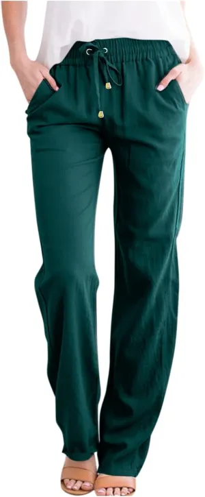midelxp Women's Linen Pants Summer Straight Leg Lounge Trouser Pants with Pockets Comfy Drawstring High Waist Casual Pants