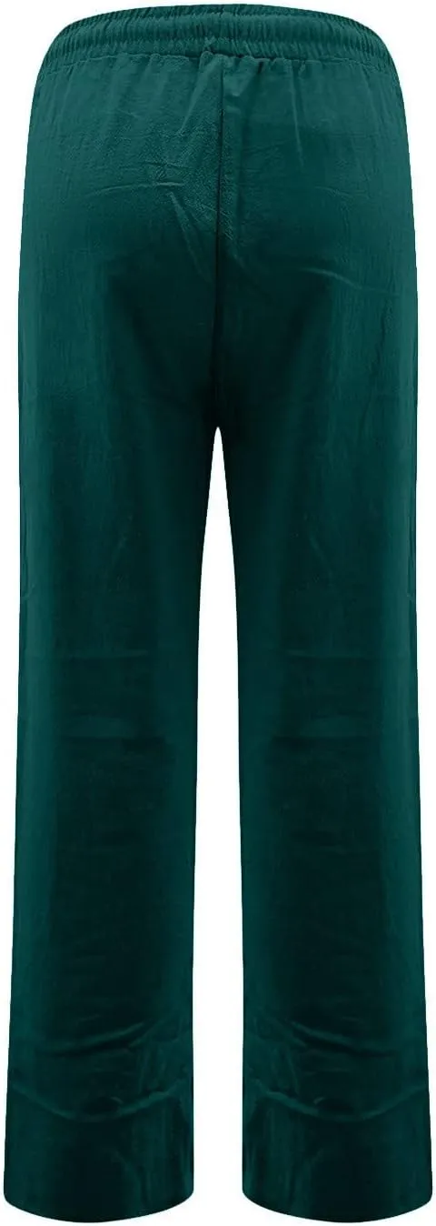 midelxp Women's Linen Pants Summer Straight Leg Lounge Trouser Pants with Pockets Comfy Drawstring High Waist Casual Pants