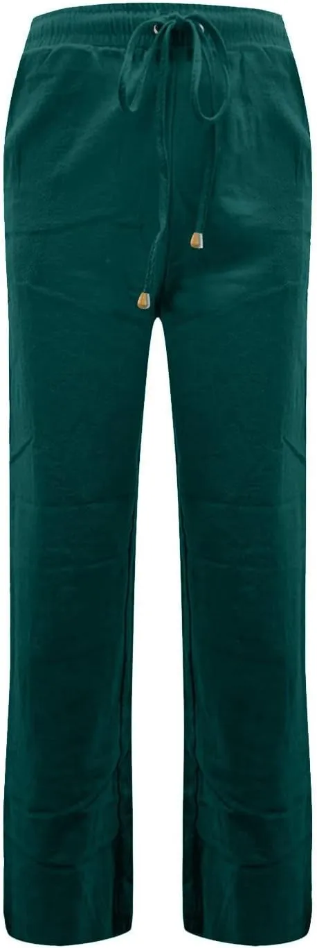 midelxp Women's Linen Pants Summer Straight Leg Lounge Trouser Pants with Pockets Comfy Drawstring High Waist Casual Pants