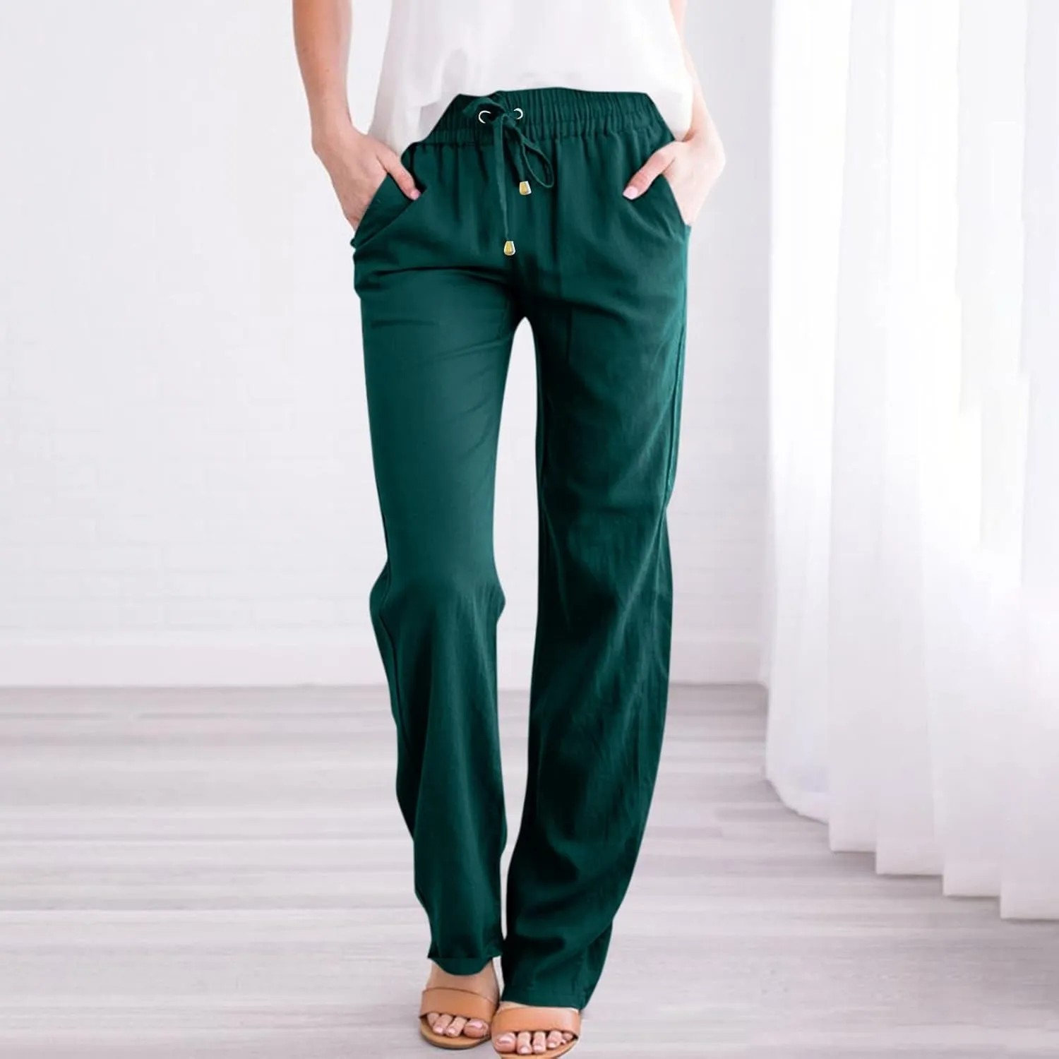 midelxp Women's Linen Pants Summer Straight Leg Lounge Trouser Pants with Pockets Comfy Drawstring High Waist Casual Pants