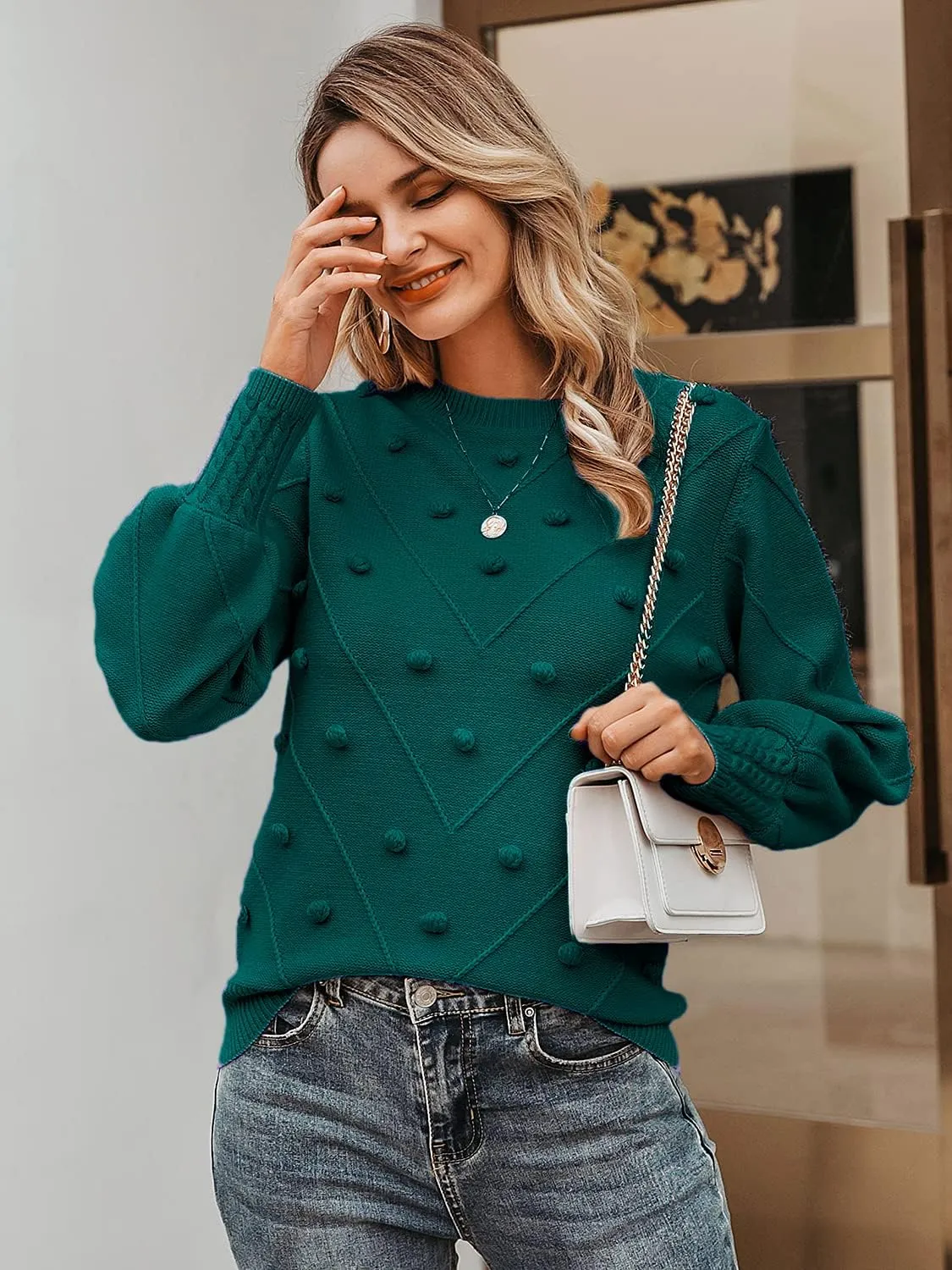 Miessial Women's Fall Crew Neck Pullover Sweater Cute Long Puff Sleeve Chunky Knit Sweater Pompom Jumper Top