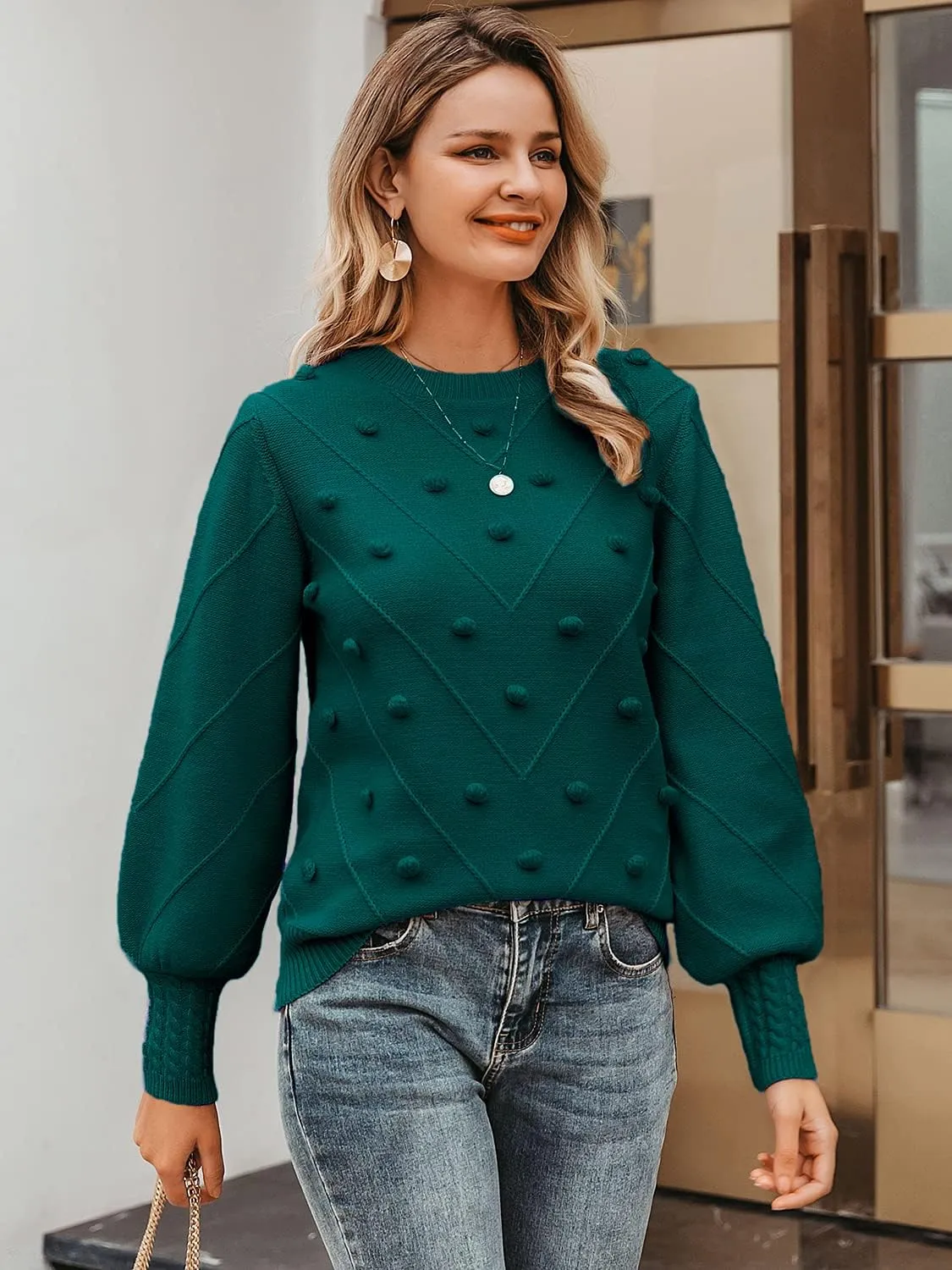 Miessial Women's Fall Crew Neck Pullover Sweater Cute Long Puff Sleeve Chunky Knit Sweater Pompom Jumper Top