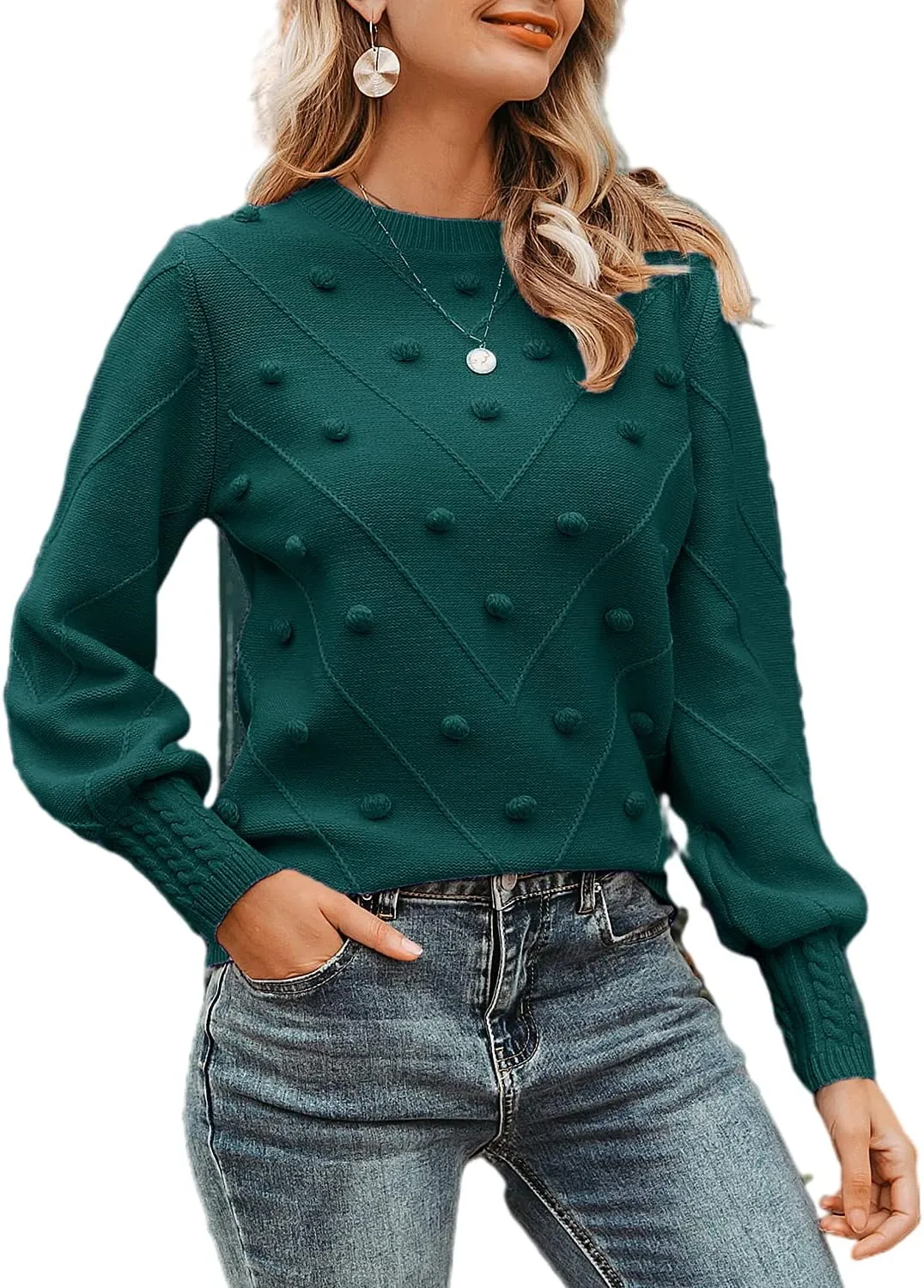 Miessial Women's Fall Crew Neck Pullover Sweater Cute Long Puff Sleeve Chunky Knit Sweater Pompom Jumper Top
