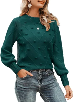 Miessial Women's Fall Crew Neck Pullover Sweater Cute Long Puff Sleeve Chunky Knit Sweater Pompom Jumper Top
