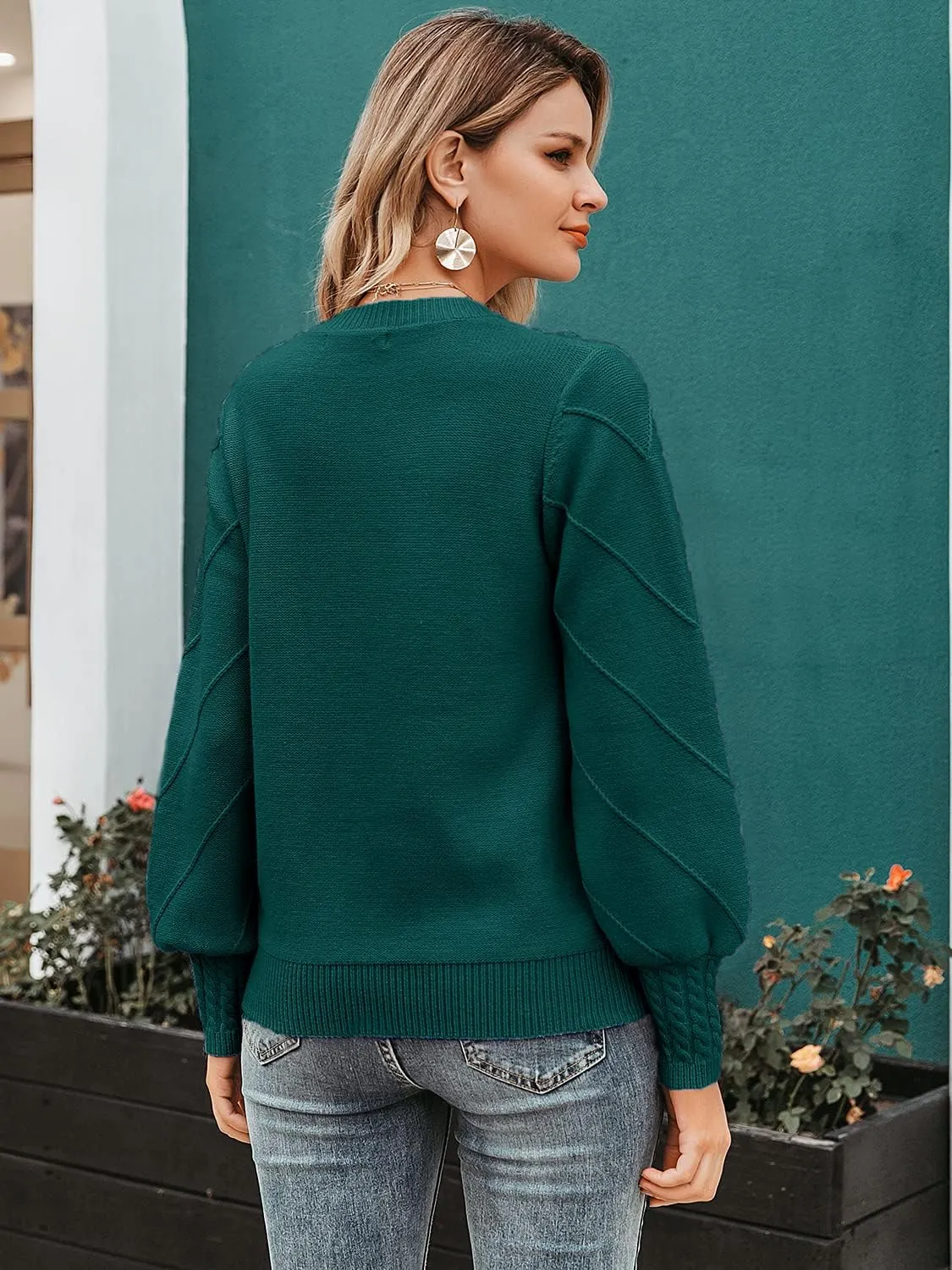Miessial Women's Fall Crew Neck Pullover Sweater Cute Long Puff Sleeve Chunky Knit Sweater Pompom Jumper Top