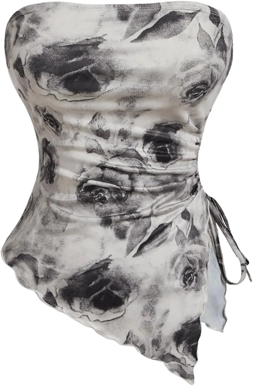 Milumia Women's Tie Dye Drawstring Side Tube Top Lettuce Asymmetrical Hem Bandeaus