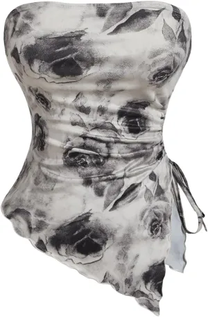 Milumia Women's Tie Dye Drawstring Side Tube Top Lettuce Asymmetrical Hem Bandeaus