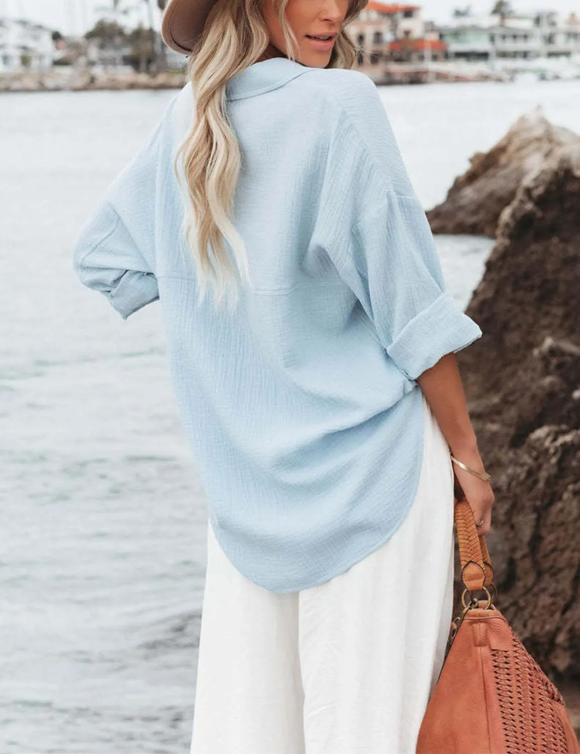 Mingzhu Womens Oversized Button Down Blouse Top Collared Long Sleeve Gauze Shirts