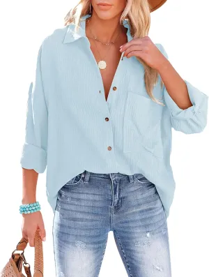 Mingzhu Womens Oversized Button Down Blouse Top Collared Long Sleeve Gauze Shirts