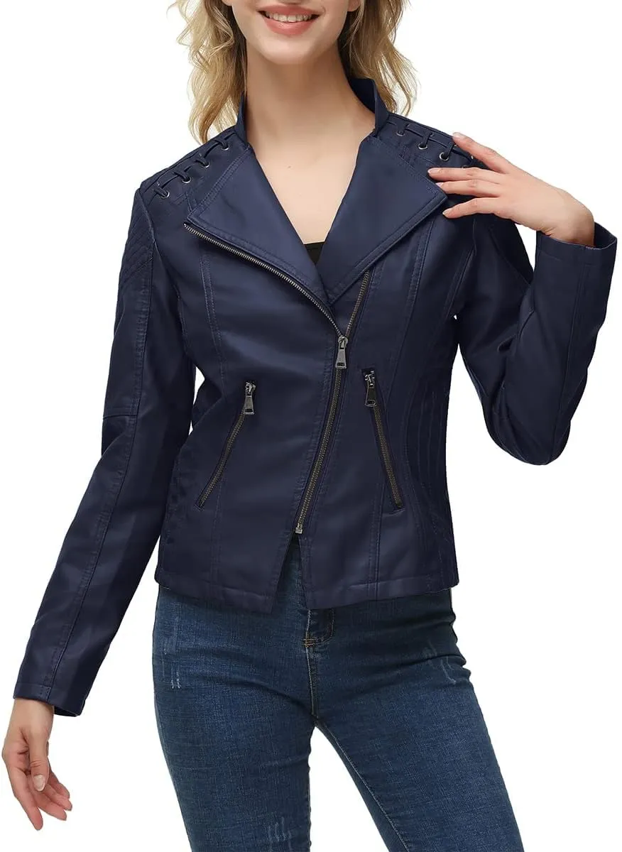 MODFUL Women's Faux Leather Moto Jacket Casual Short Solid Color PU Biker Coat with Pockets