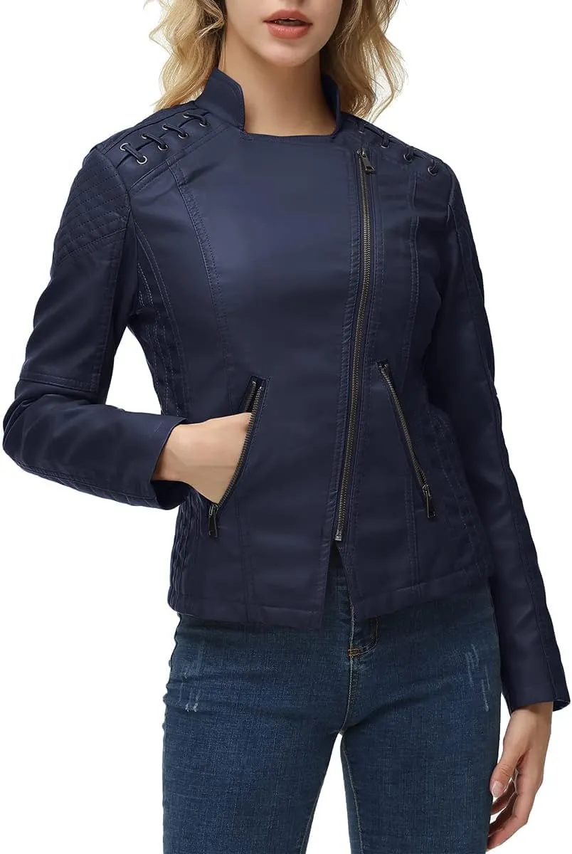 MODFUL Women's Faux Leather Moto Jacket Casual Short Solid Color PU Biker Coat with Pockets
