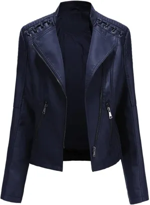 MODFUL Women's Faux Leather Moto Jacket Casual Short Solid Color PU Biker Coat with Pockets