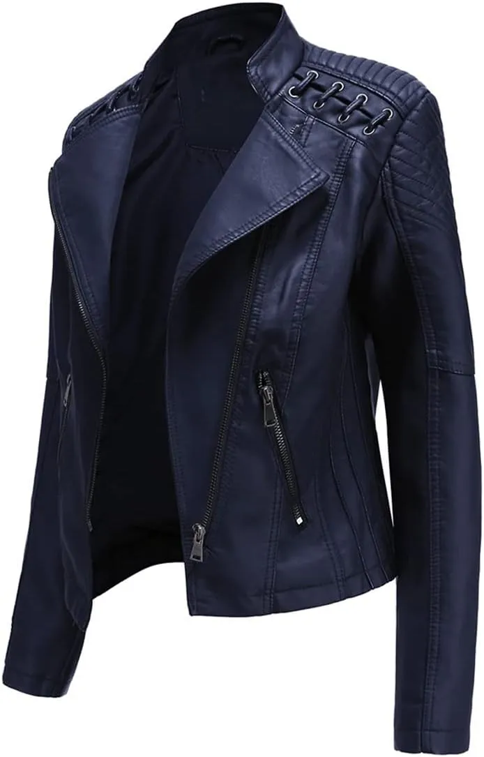 MODFUL Women's Faux Leather Moto Jacket Casual Short Solid Color PU Biker Coat with Pockets