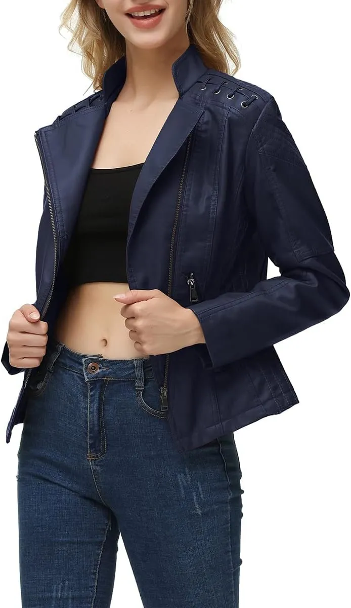 MODFUL Women's Faux Leather Moto Jacket Casual Short Solid Color PU Biker Coat with Pockets