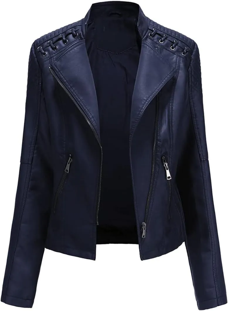 MODFUL Women's Faux Leather Moto Jacket Casual Short Solid Color PU Biker Coat with Pockets