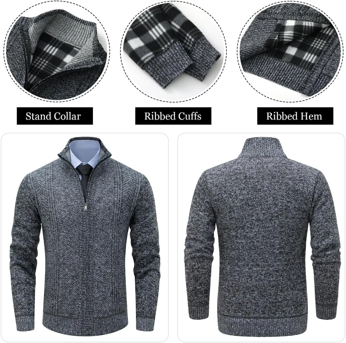 Msmsse Mens Cardigan Sweaters Full Zip Up Stand Collar Casual Knitted Sweater with 2 Front Pockets