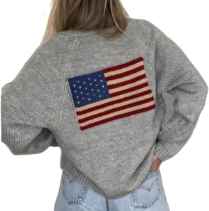 Mxiqqpltky American Flag Cardigan Sweaters for Women Y2k Graphic Long Sleeve Button Down Patriotic Knitwear 4th of July Coats