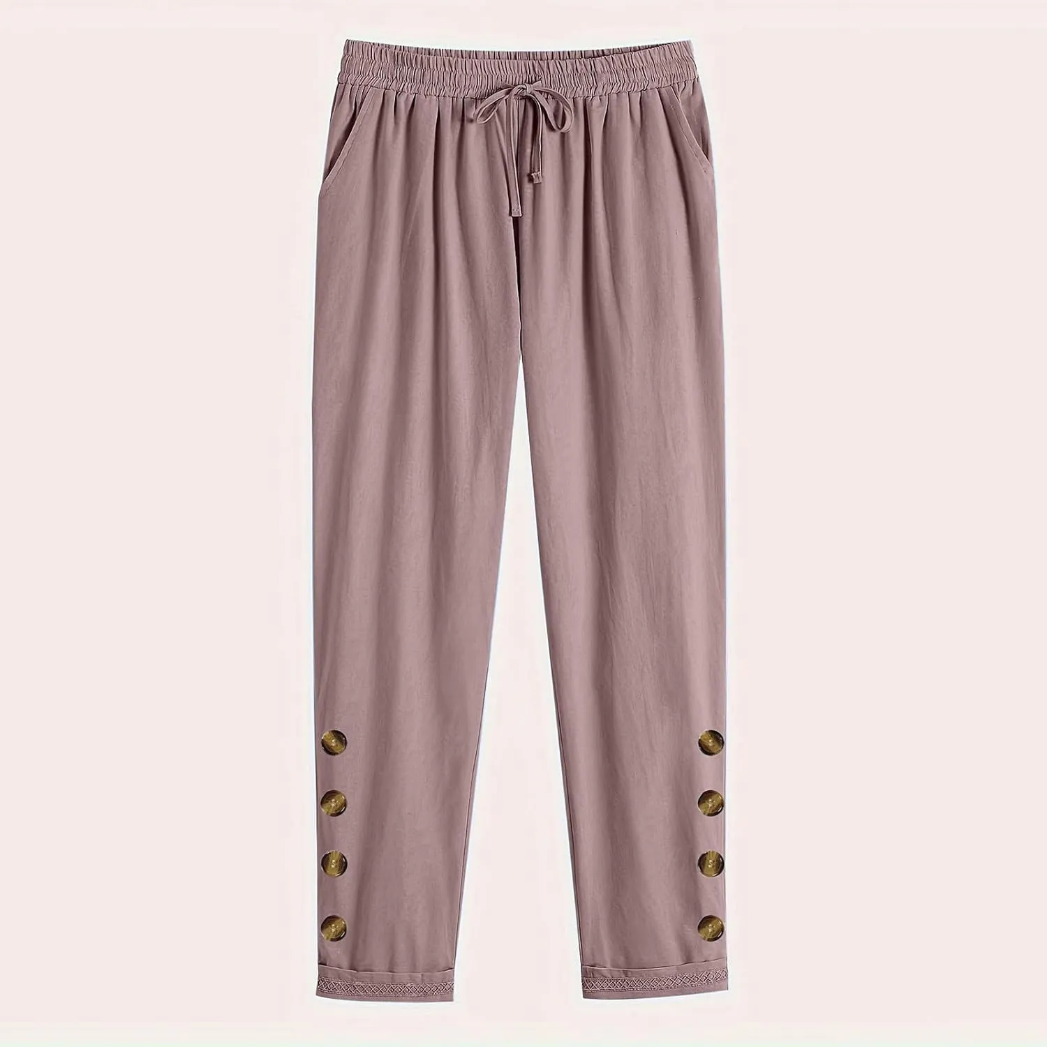 Mzkdieey Womens Casual Cotton Linen Pants Lightweight Summer Elastic Waist Solid Lounge Trouser Baggy Long Pants with Pockets
