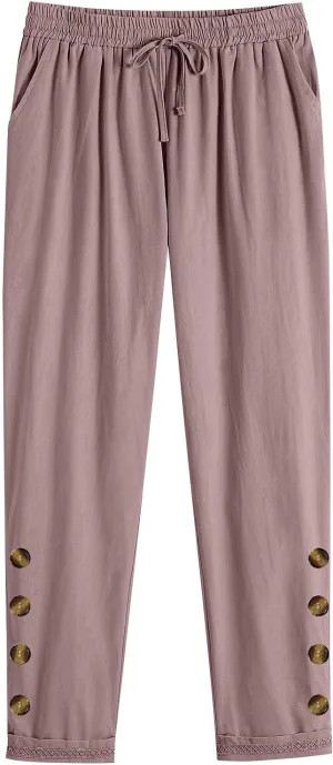 Mzkdieey Womens Casual Cotton Linen Pants Lightweight Summer Elastic Waist Solid Lounge Trouser Baggy Long Pants with Pockets