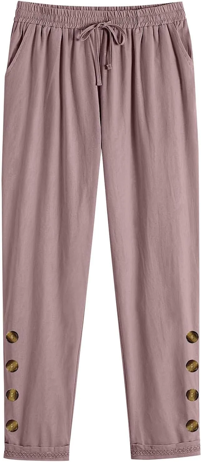 Mzkdieey Womens Casual Cotton Linen Pants Lightweight Summer Elastic Waist Solid Lounge Trouser Baggy Long Pants with Pockets