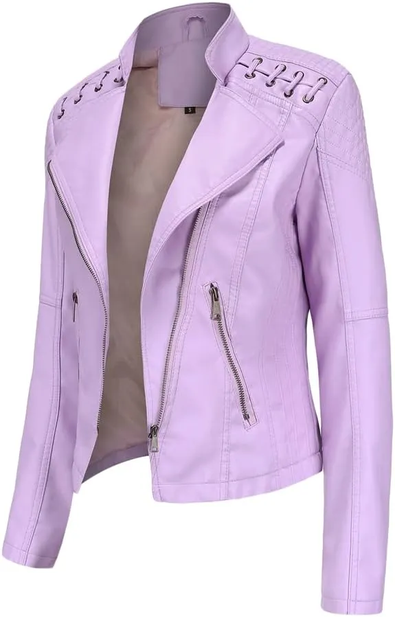 NATHGAM Womens Leather Jacket Long Sleeve Cropped Tops with Zipper Pockets Lightweight Vegan Lapel Biker Jacket Outerwear