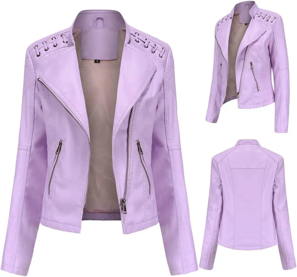NATHGAM Womens Leather Jacket Long Sleeve Cropped Tops with Zipper Pockets Lightweight Vegan Lapel Biker Jacket Outerwear