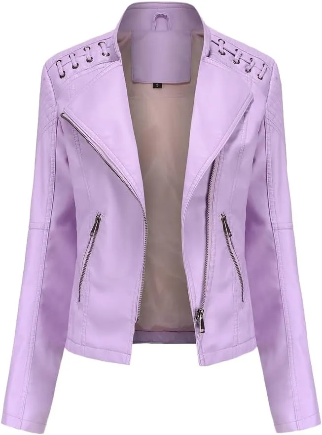 NATHGAM Womens Leather Jacket Long Sleeve Cropped Tops with Zipper Pockets Lightweight Vegan Lapel Biker Jacket Outerwear