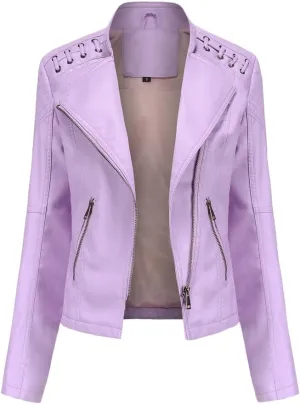 NATHGAM Womens Leather Jacket Long Sleeve Cropped Tops with Zipper Pockets Lightweight Vegan Lapel Biker Jacket Outerwear