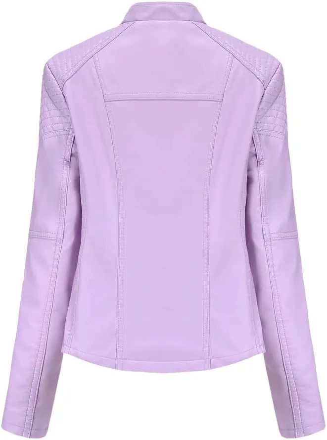 NATHGAM Womens Leather Jacket Long Sleeve Cropped Tops with Zipper Pockets Lightweight Vegan Lapel Biker Jacket Outerwear