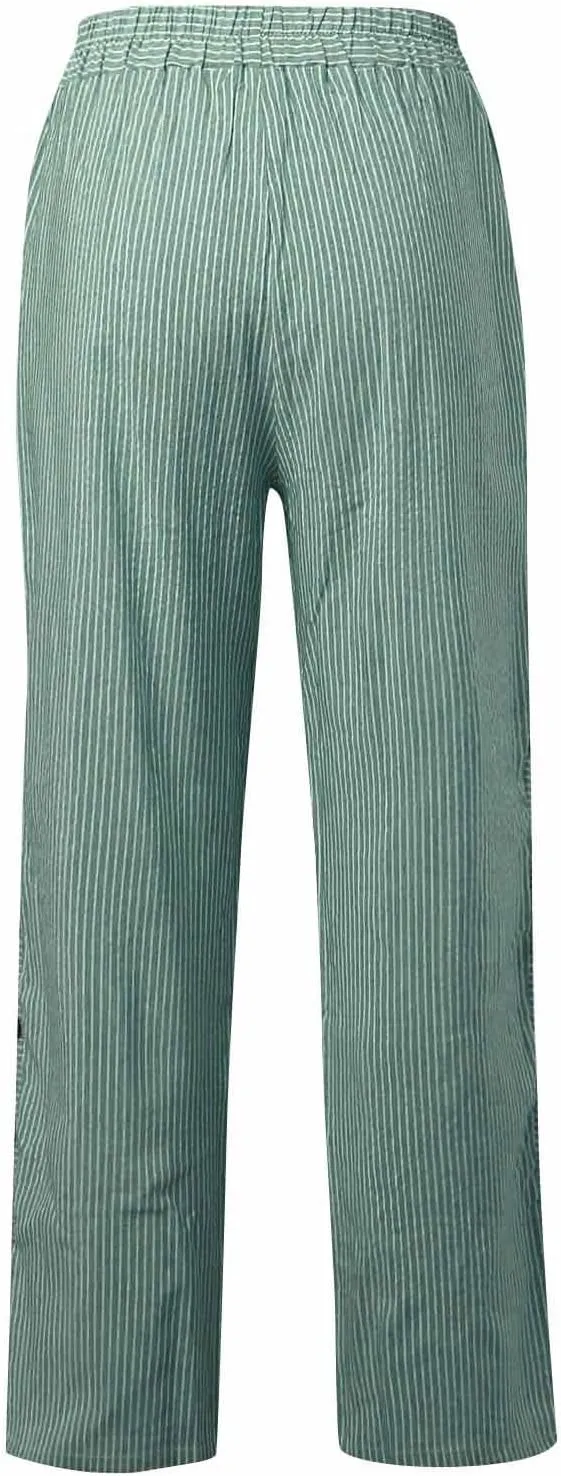 NBXNZWF Women Striped Linen Pants Casual High Waisted Wide Leg Cropped Pants Straight Leg Side Button Trousers with Pocket