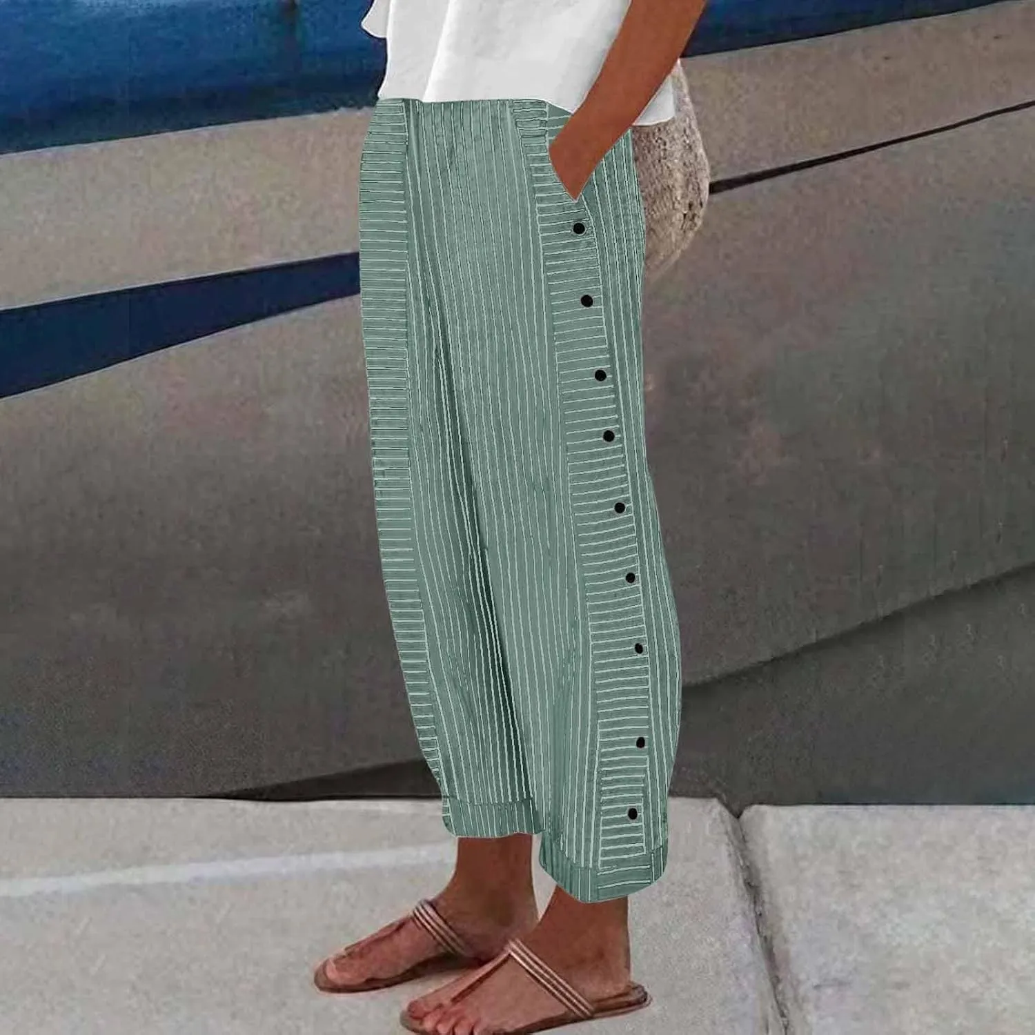 NBXNZWF Women Striped Linen Pants Casual High Waisted Wide Leg Cropped Pants Straight Leg Side Button Trousers with Pocket