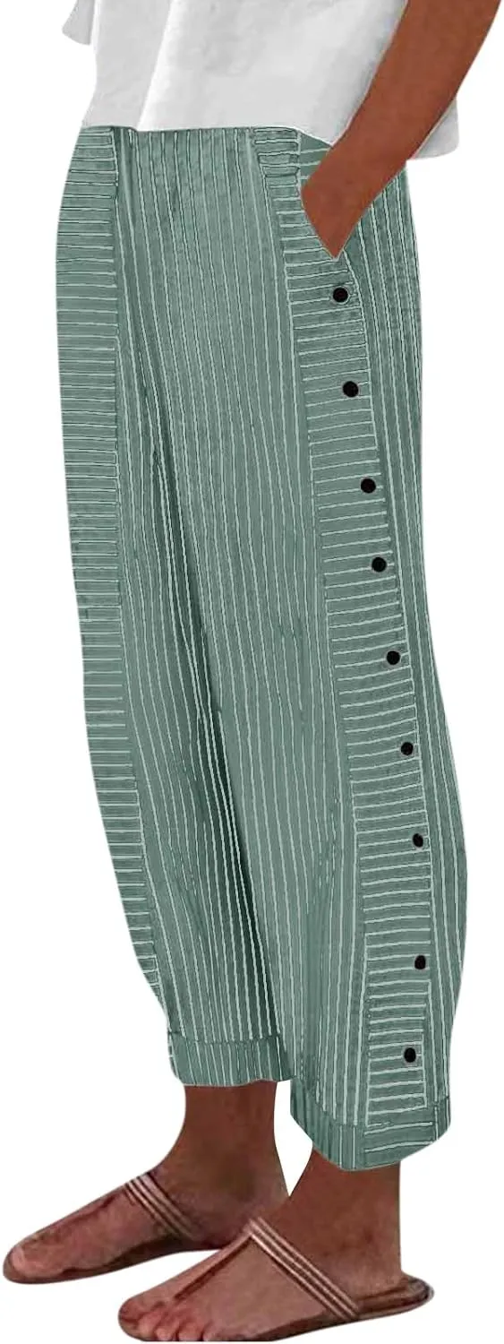 NBXNZWF Women Striped Linen Pants Casual High Waisted Wide Leg Cropped Pants Straight Leg Side Button Trousers with Pocket