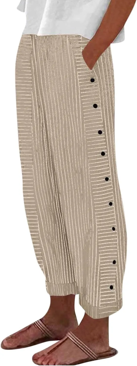 NBXNZWF Women Striped Linen Pants Casual High Waisted Wide Leg Cropped Pants Straight Leg Side Button Trousers with Pocket