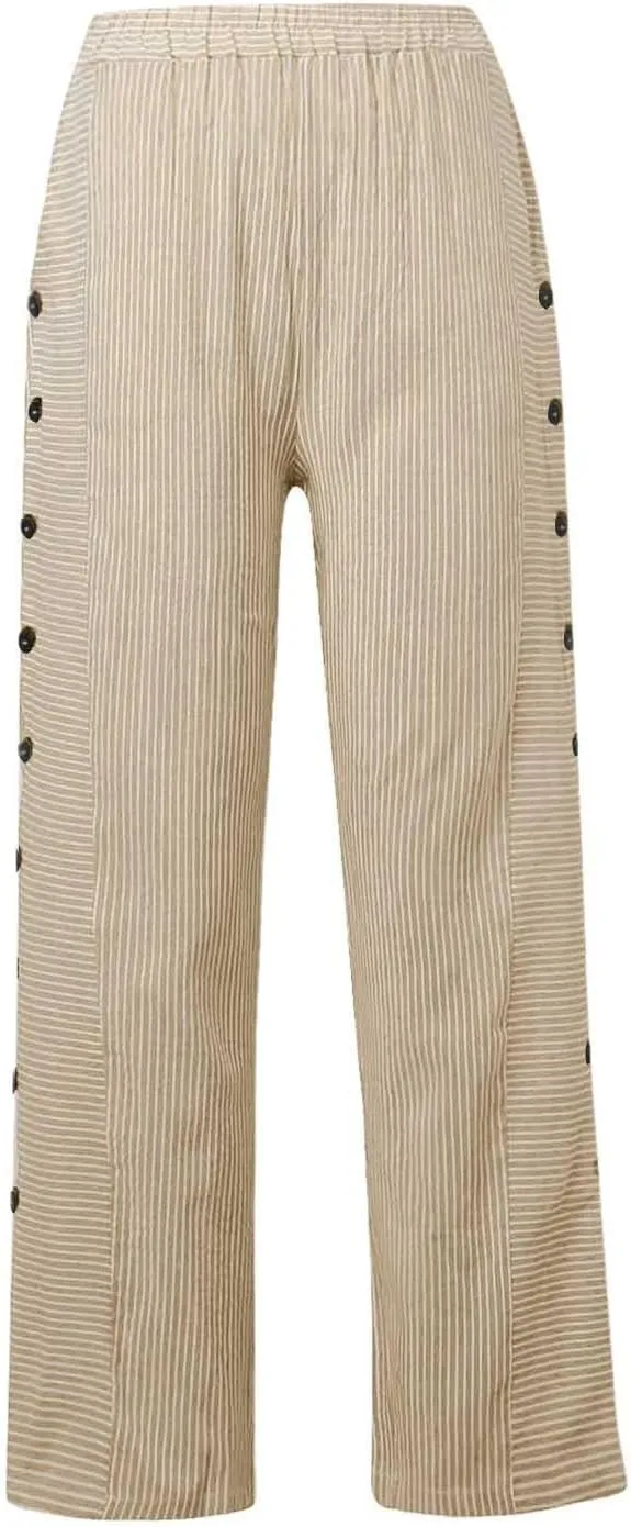 NBXNZWF Women Striped Linen Pants Casual High Waisted Wide Leg Cropped Pants Straight Leg Side Button Trousers with Pocket