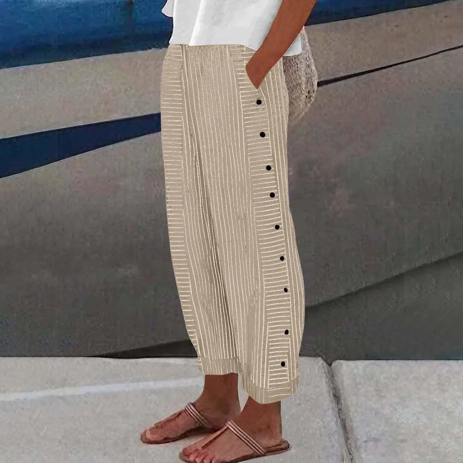 NBXNZWF Women Striped Linen Pants Casual High Waisted Wide Leg Cropped Pants Straight Leg Side Button Trousers with Pocket