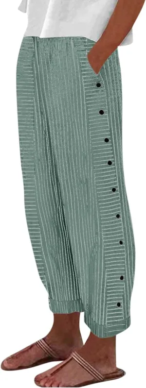 NBXNZWF Women Striped Linen Pants Casual High Waisted Wide Leg Cropped Pants Straight Leg Side Button Trousers with Pocket