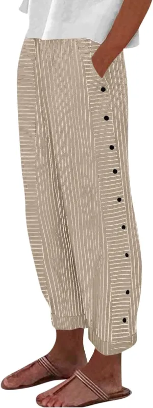 NBXNZWF Women Striped Linen Pants Casual High Waisted Wide Leg Cropped Pants Straight Leg Side Button Trousers with Pocket