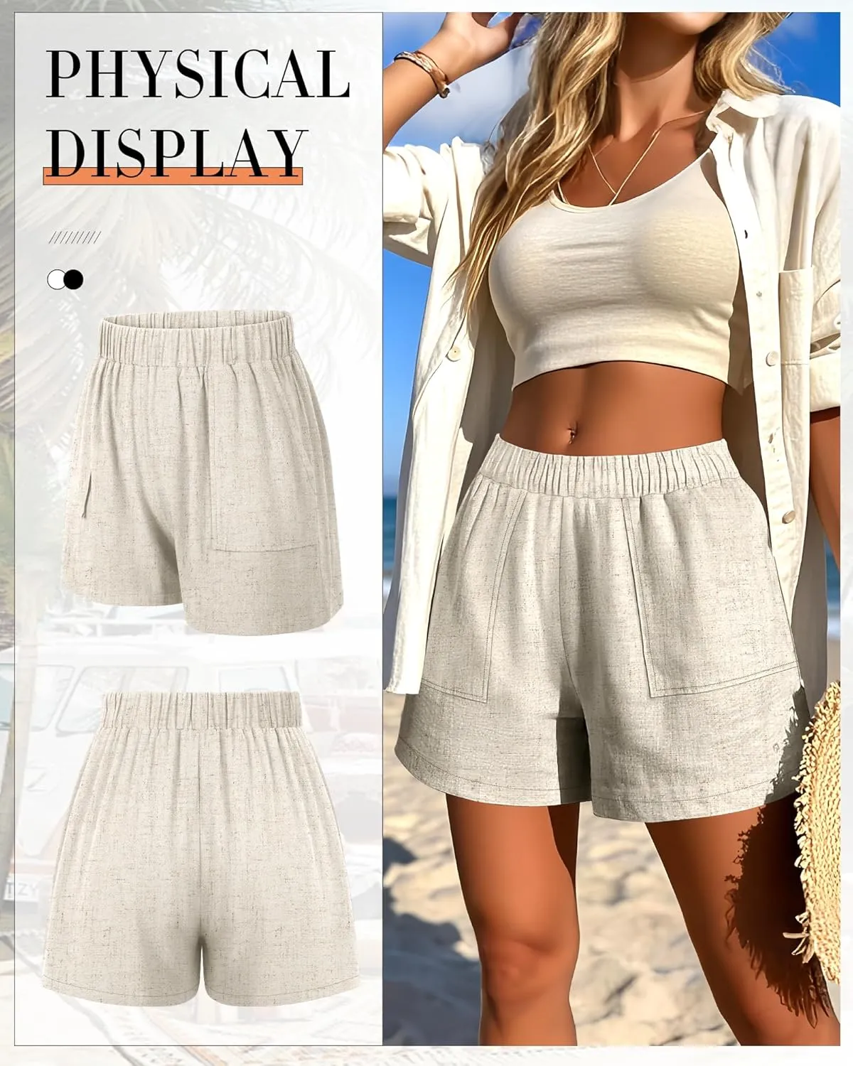 Neer 2 Pack Women's Linen Shorts Elastic Waist Casual Comfy Summer Pull on Beach Shorts with Patch Pocket