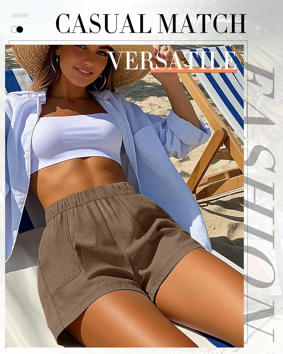 Neer 2 Pack Women's Linen Shorts Elastic Waist Casual Comfy Summer Pull on Beach Shorts with Patch Pocket