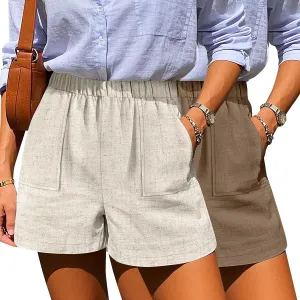 Neer 2 Pack Women's Linen Shorts Elastic Waist Casual Comfy Summer Pull on Beach Shorts with Patch Pocket