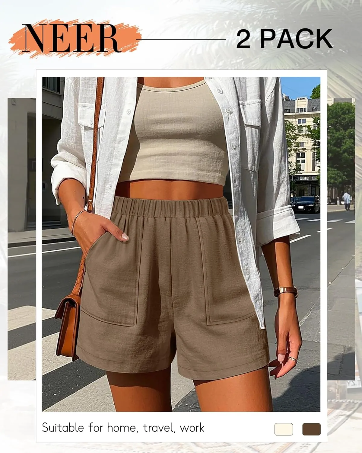 Neer 2 Pack Women's Linen Shorts Elastic Waist Casual Comfy Summer Pull on Beach Shorts with Patch Pocket