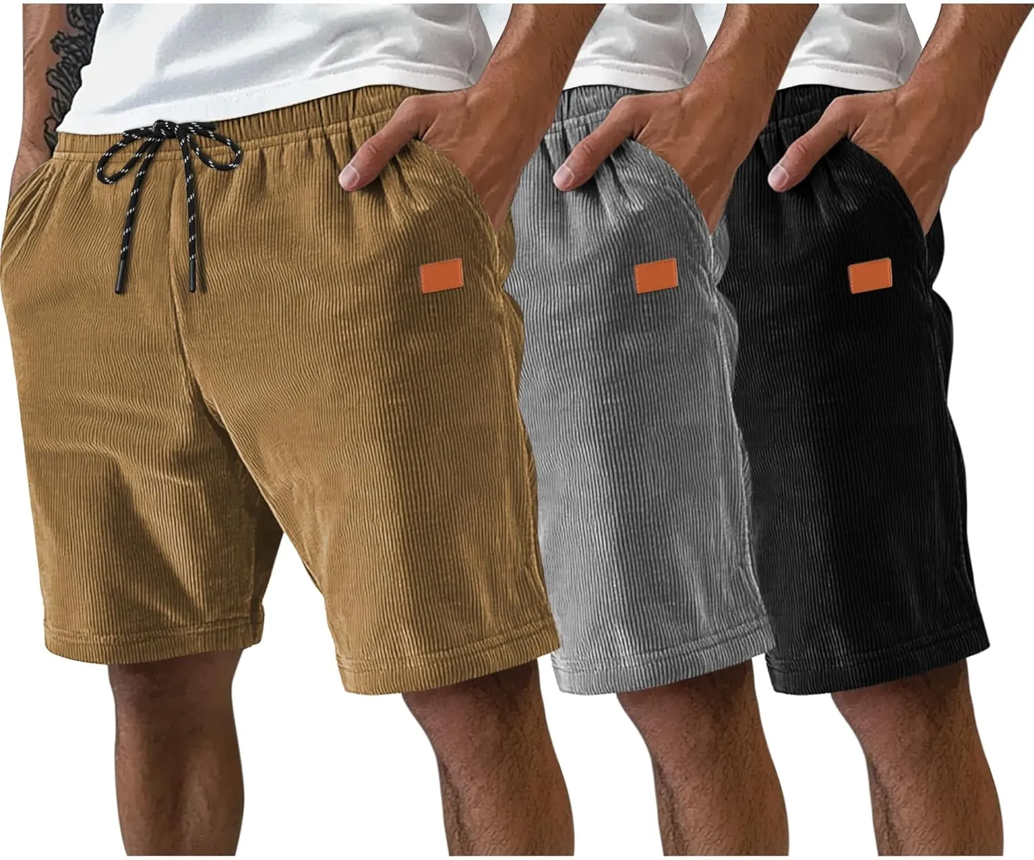 Neer 3 Pack Men's Corduroy Shorts, Casual Elastic Waist Drawstring Shorts Lightweight Summer Stretch Beach Short with Pockets