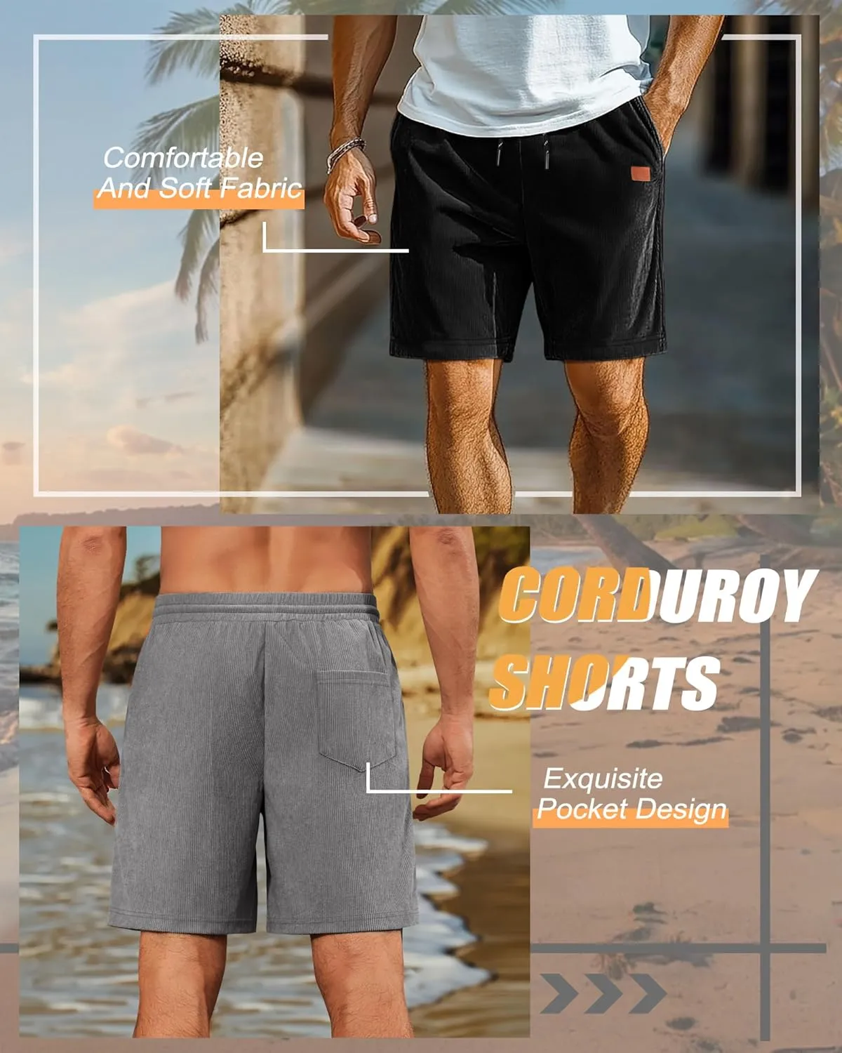 Neer 3 Pack Men's Corduroy Shorts, Casual Elastic Waist Drawstring Shorts Lightweight Summer Stretch Beach Short with Pockets